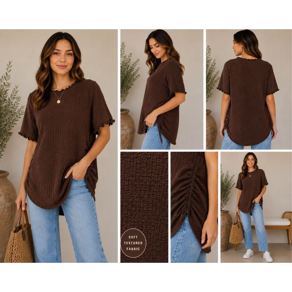 A New Day Textured Tunic Top XXL Brown Short Sleeve Blouse